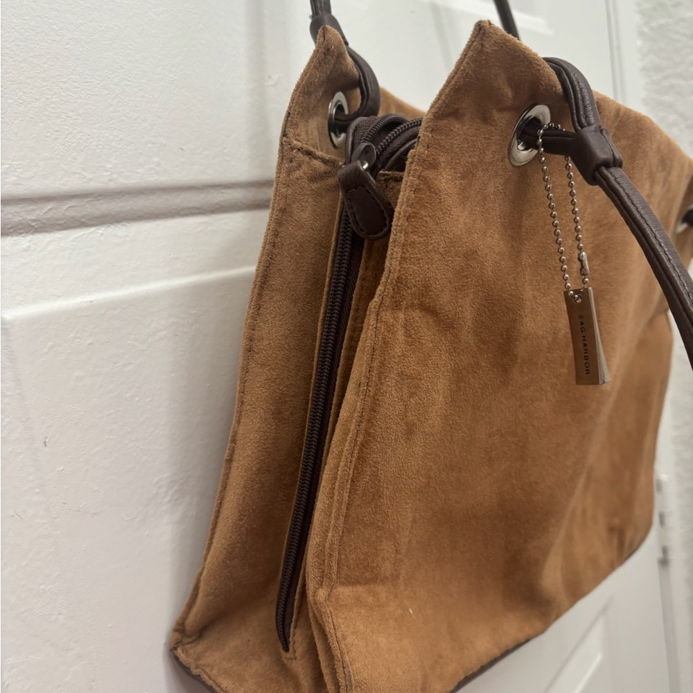 Sage Harbor Suede Tote Bag Tan Brown Leather Strap Shoulder Bag - Picture 4 of 5